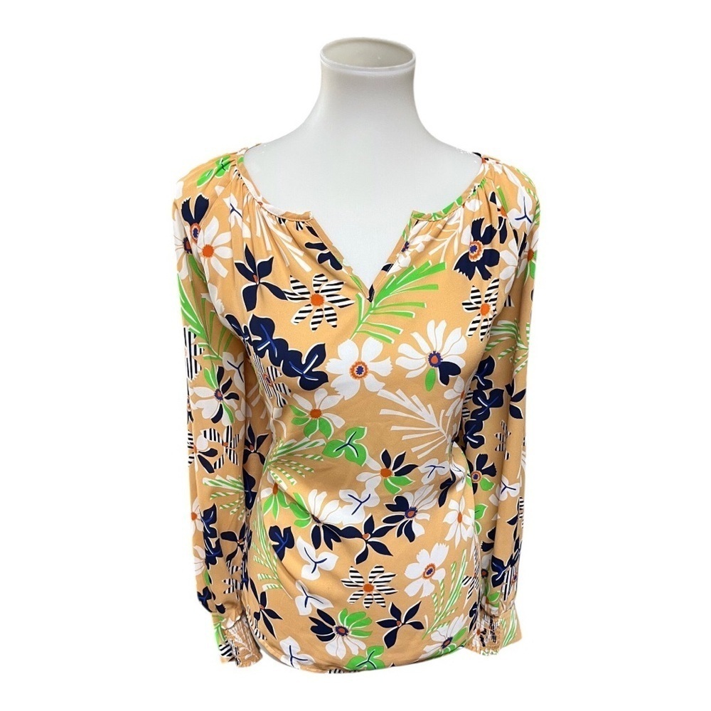 NWOT Cabi Island Mod Floral Style #6296 Blouse Tangerine Green Black White